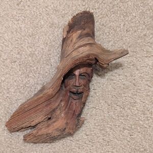 Hand-Carved Driftwood Face Sculpture in Natural Brown
